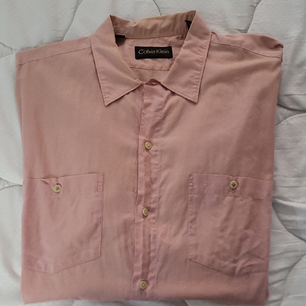 Calvin Klein Men's Casual Pink  Shirt Vintage 100% Feather Weight Voile Cotton L